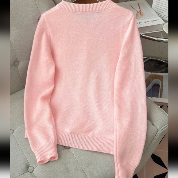 SolidColor Round Neck Knitted Cardigan With Bow Decor,Pink Top Elegant Outerwear - Picture 4 of 4